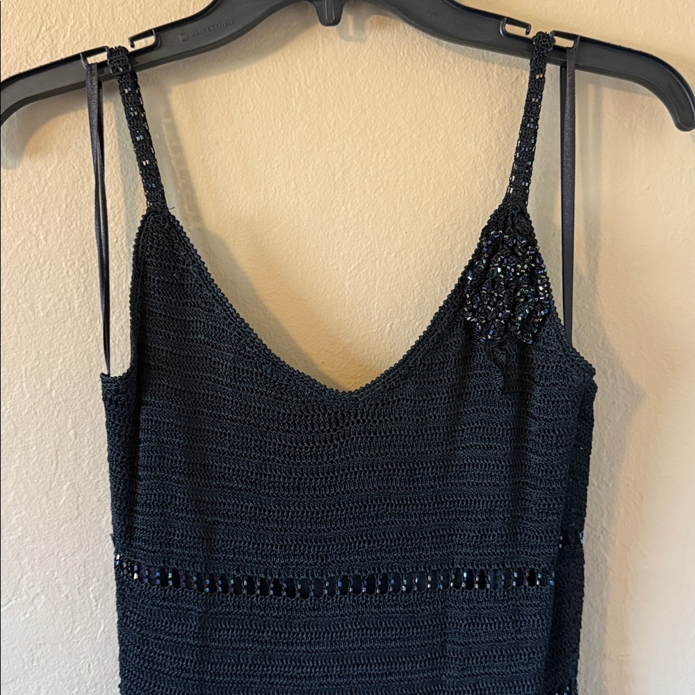 Vintage Caché Black Crochet Beaded Dress Sz 8 Whimsigoth Y2K Asymmetrical Midi - Picture 3 of 17